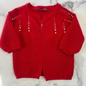 NWT Cashmere and Wool Blend Open Cardigan w/ Pearl Embellishments, Red, Size 6/7